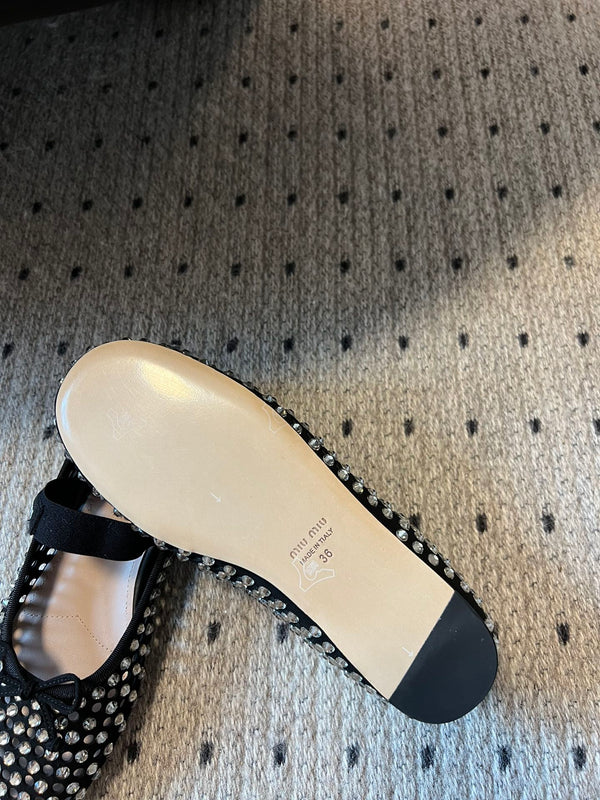 Miu 26s Ballerina Flats In Black Mesh Calfskin With Rhinestones