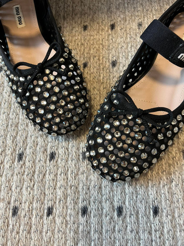 Miu 26s Ballerina Flats In Black Mesh Calfskin With Rhinestones