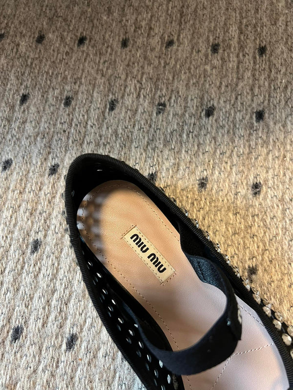 Miu 26s Ballerina Flats In Black Mesh Calfskin With Rhinestones