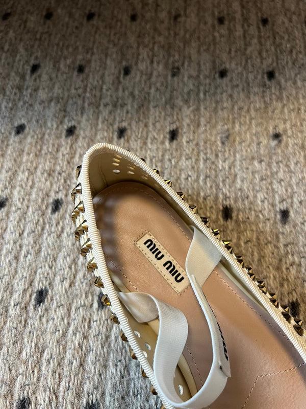 Miu 26s Ballerina Flats In Light Beige Mesh Calfskin With Rhinestones