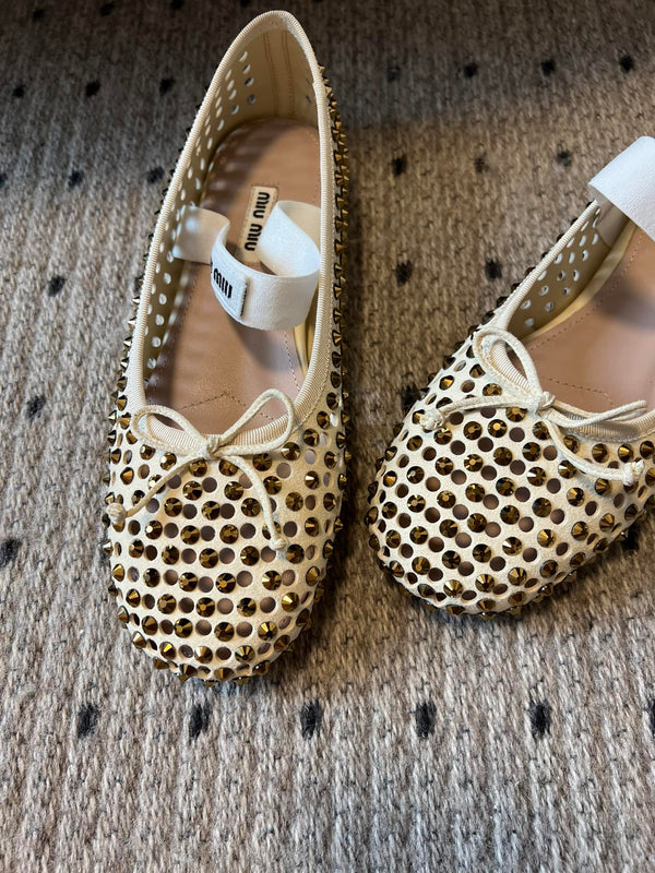 Miu 26s Ballerina Flats In Light Beige Mesh Calfskin With Rhinestones