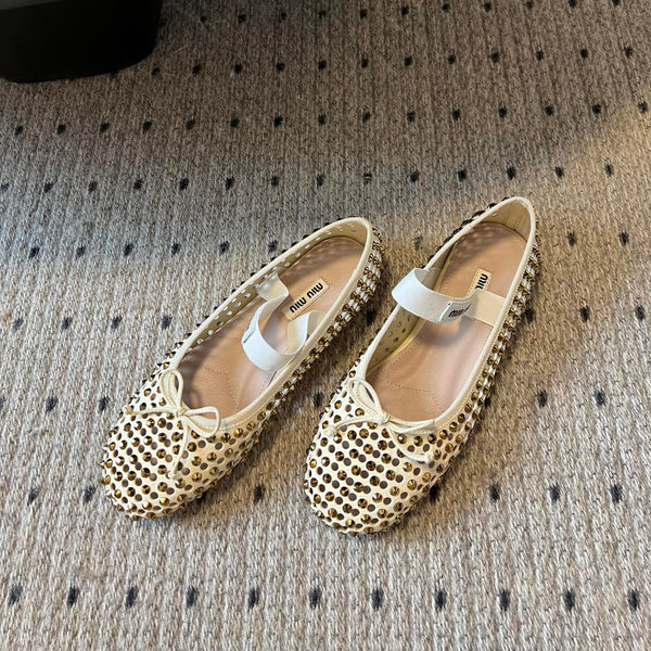 Miu 26s Ballerina Flats In Light Beige Mesh Calfskin With Rhinestones