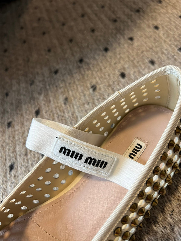 Miu 26s Ballerina Flats In Light Beige Mesh Calfskin With Rhinestones