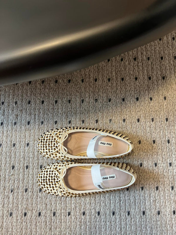 Miu 26s Ballerina Flats In Light Beige Mesh Calfskin With Rhinestones