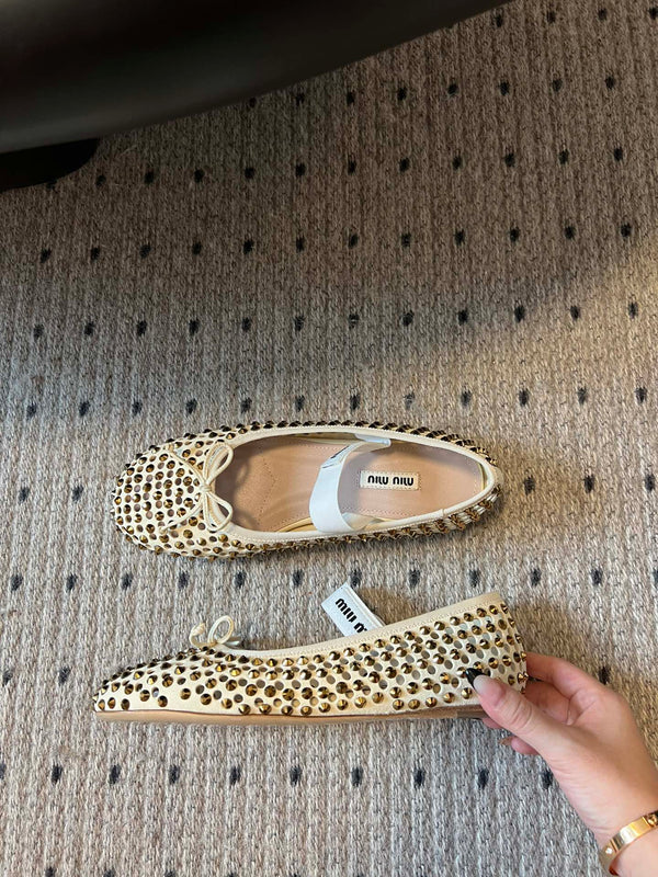Miu 26s Ballerina Flats In Light Beige Mesh Calfskin With Rhinestones
