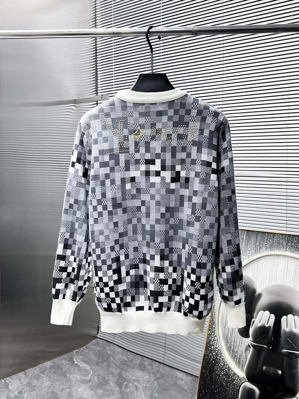 LV KNITTED SWEATER IN GRAY BLACK WHITE DAMOFLAGE MOTIF WOOL 238799