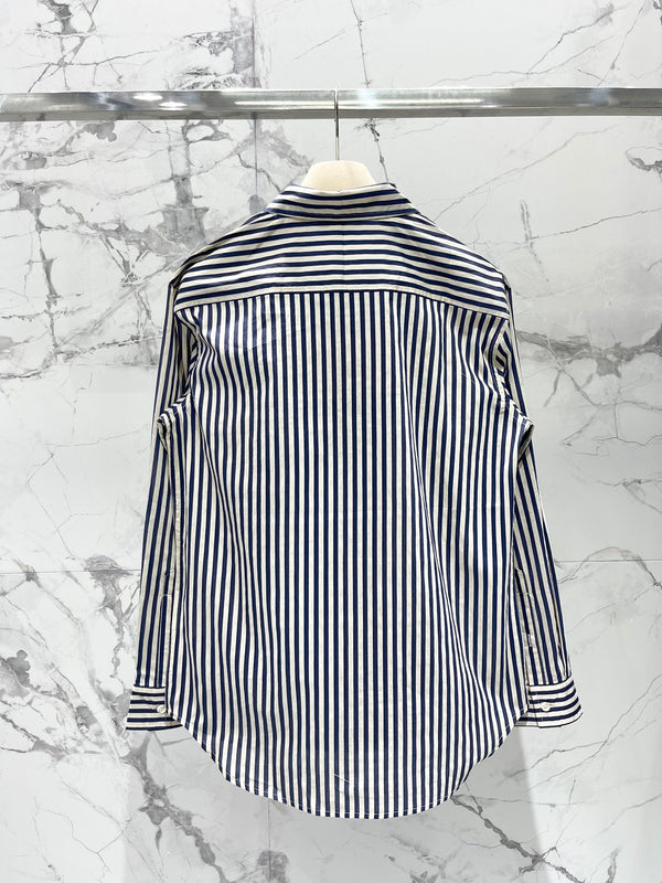 Miu Miu Striped Letter Embroidered Shirt Blue White Cotton
