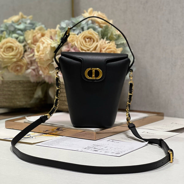 CD Montaigne Large Chain Bucket Bag Black Calfskin 336800