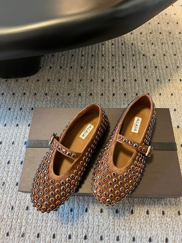 Alaia 25 Strass Ballerine Marrone Scamosciato Pelle di Capra 303723
