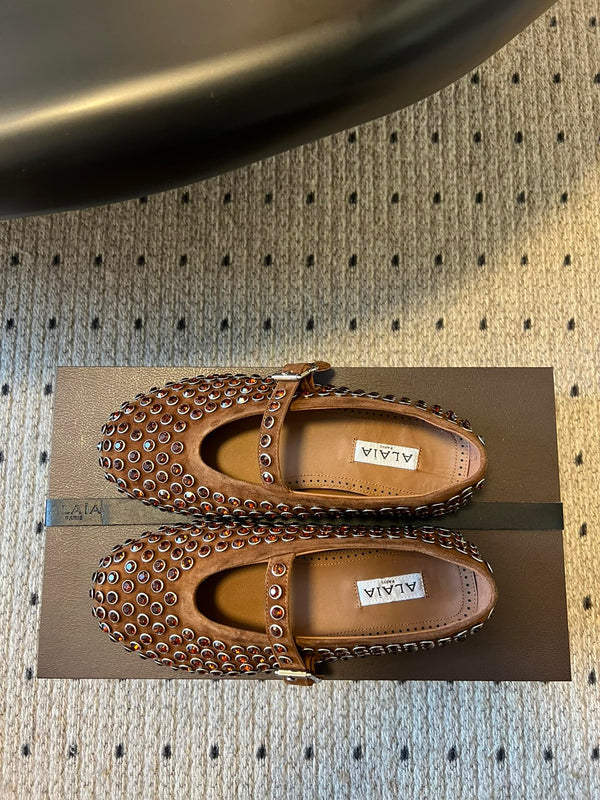 Alaia 25 Strass Ballerine Marrone Scamosciato Pelle di Capra 303723