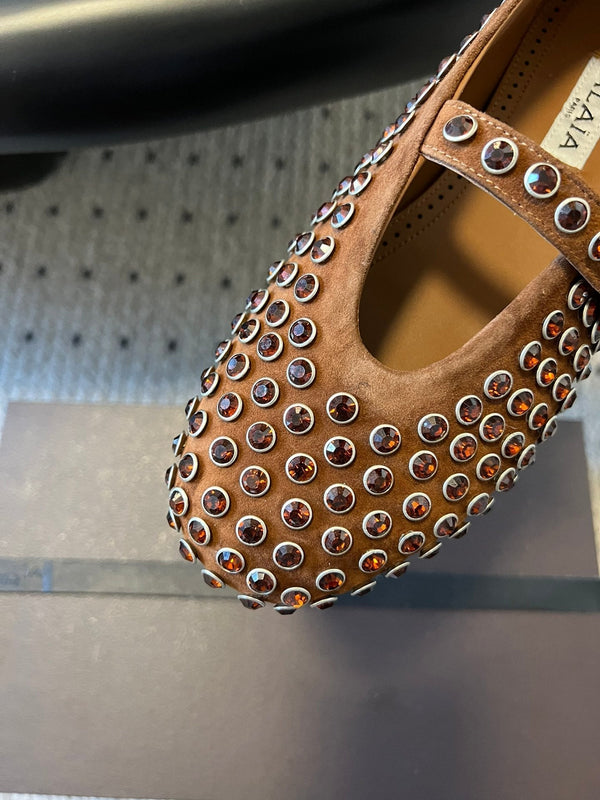 Alaia 25 Strass Ballerine Marrone Scamosciato Pelle di Capra 303723