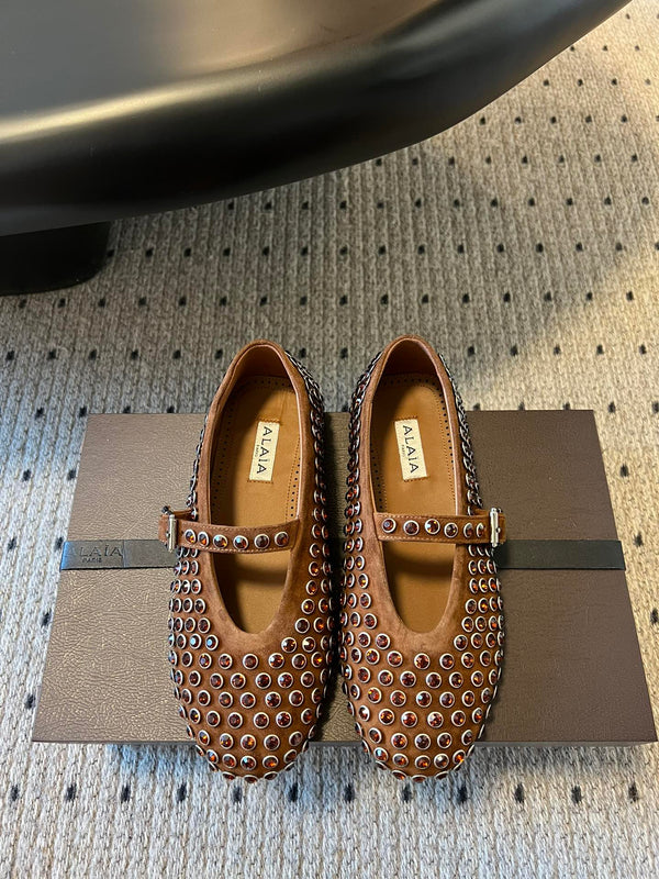 Alaia 25 Strass Ballerine Marrone Scamosciato Pelle di Capra 303723