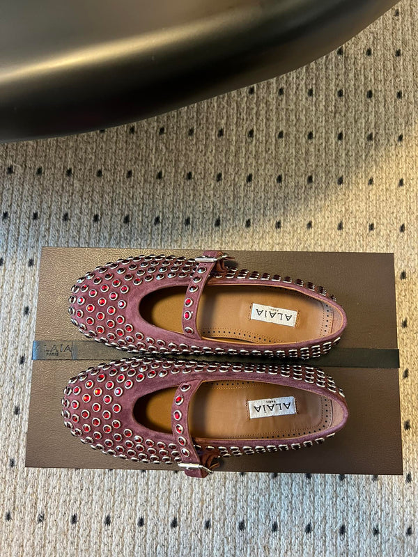 Alaia 25 Strass Ballerine in pelle scamosciata rosso granato 303725