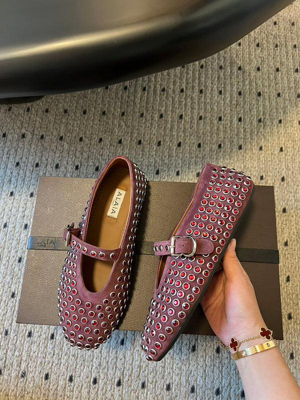 Alaia 25 Strass Ballerine in pelle scamosciata rosso granato 303725