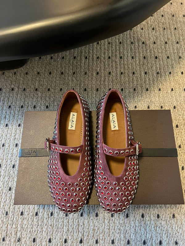 Alaia 25 Strass Ballerine in pelle scamosciata rosso granato 303725