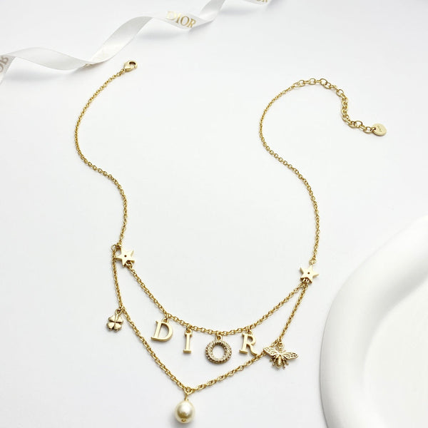 CD 26S Multi Charm Layered Dior Necklace With Pearl Drop In Gold Tone 631779