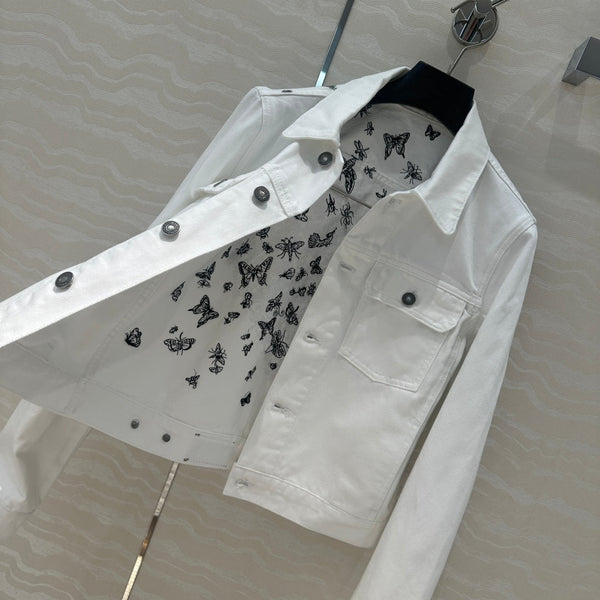 Giacca in denim con motivo a farfalla CD in cotone bianco