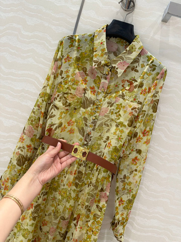 Abito Celine in seta verde con motivo floreale