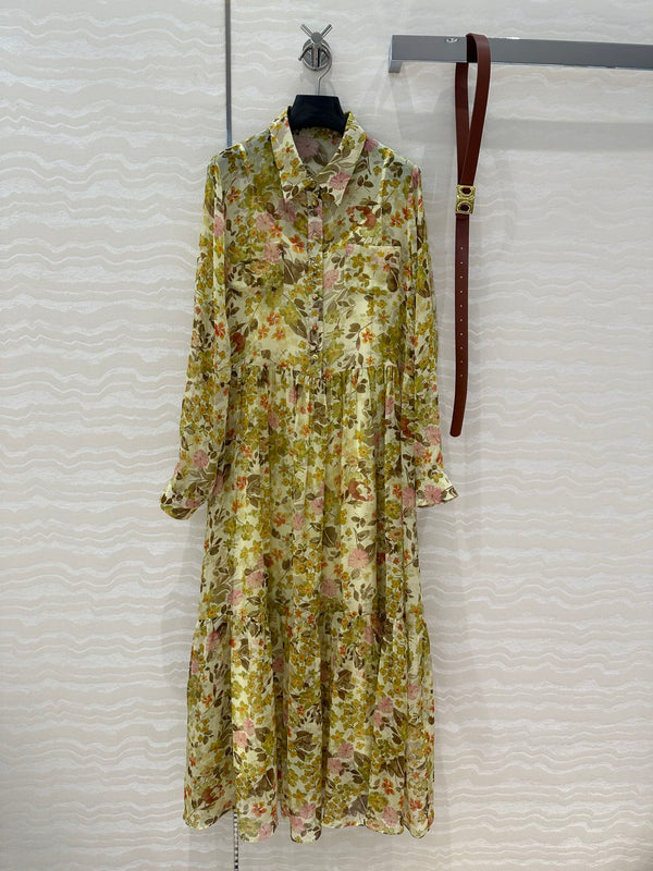 Abito Celine in seta verde con motivo floreale