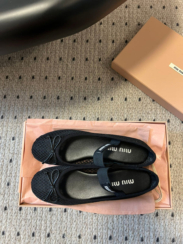 Miu 26s Ballerinas In Black Mesh Fabric With Bow