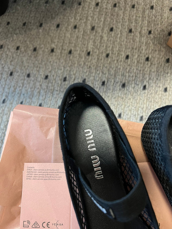 Miu 26s Ballerinas In Black Mesh Fabric With Bow