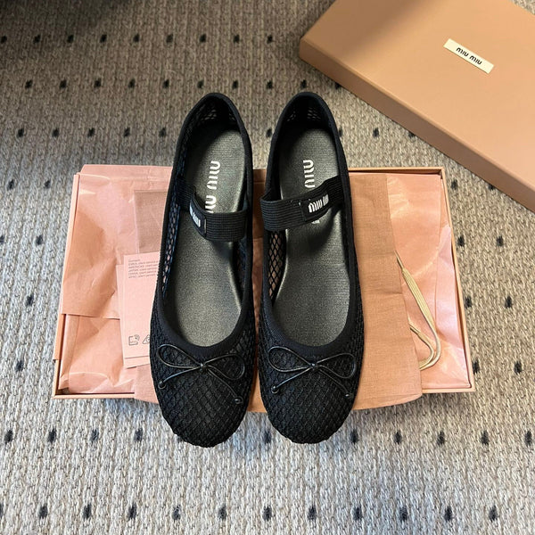 Miu 26s Ballerinas In Black Mesh Fabric With Bow