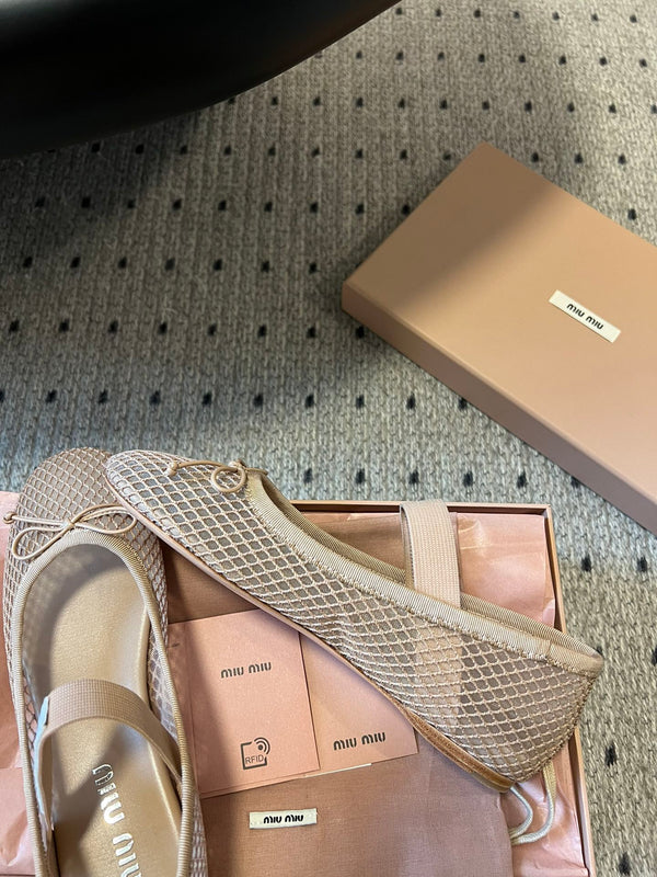 Miu 26s Ballerinas In Beige Mesh Fabric With Bow