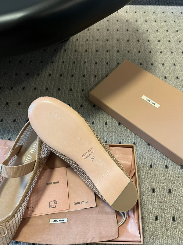 Miu 26s Ballerinas In Beige Mesh Fabric With Bow