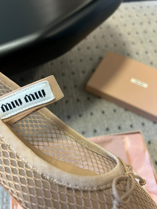 Miu 26s Ballerinas In Beige Mesh Fabric With Bow