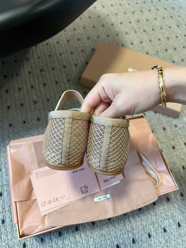 Miu 26s Ballerinas In Beige Mesh Fabric With Bow