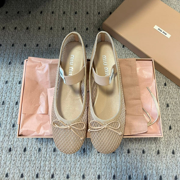 Miu 26s Ballerinas In Beige Mesh Fabric With Bow