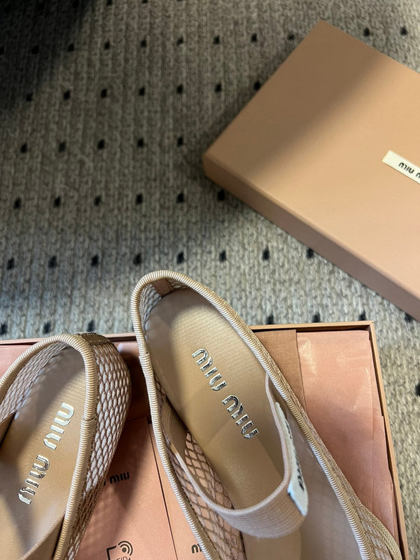 Miu 26s Ballerinas In Beige Mesh Fabric With Bow