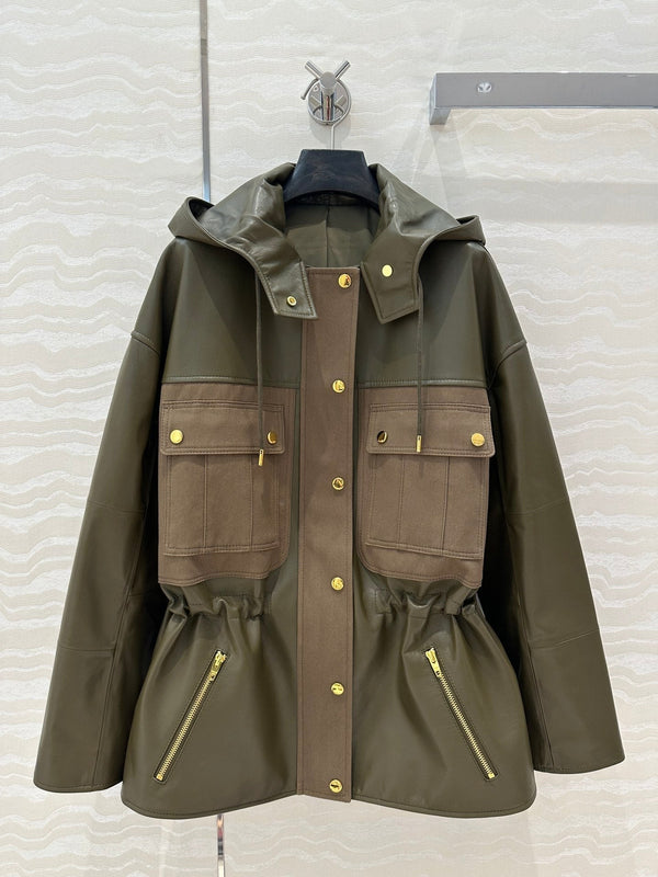 Giacca con cappuccio Celine in pelle di agnello verde militare