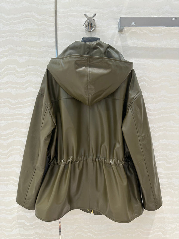 Giacca con cappuccio Celine in pelle di agnello verde militare