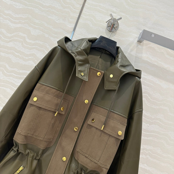 Giacca con cappuccio Celine in pelle di agnello verde militare