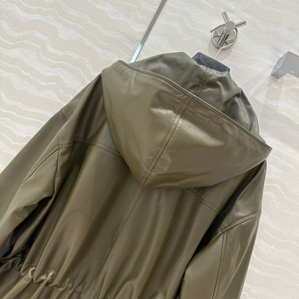 Giacca con cappuccio Celine in pelle di agnello verde militare