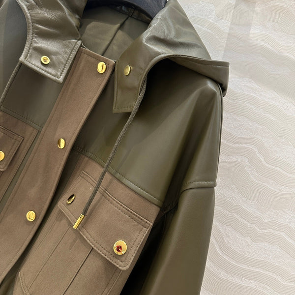 Giacca con cappuccio Celine in pelle di agnello verde militare