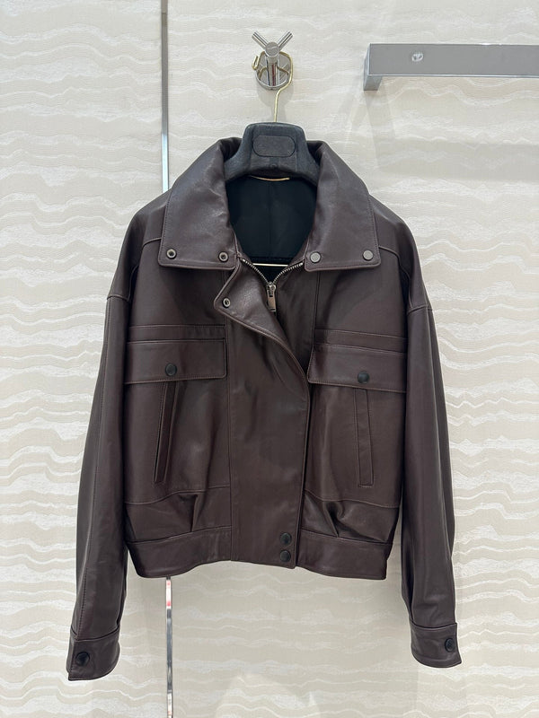 YSL Double Pocket Silhouette Jacket Brown Lambskin