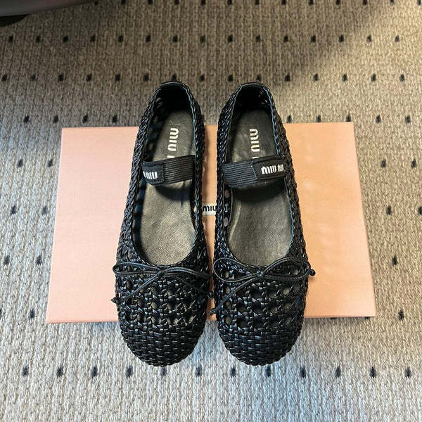Miu 26s Ballerina Flats In Black Mesh Sheepskin