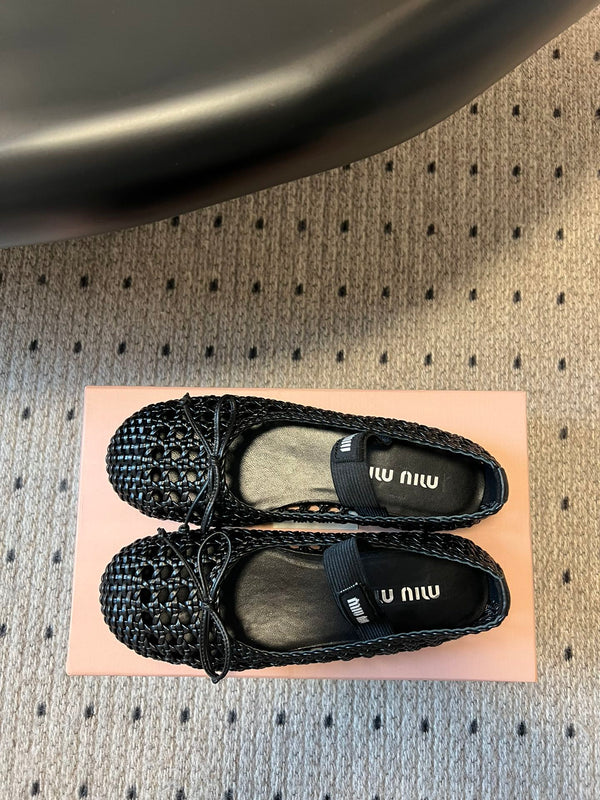 Miu 26s Ballerina Flats In Black Mesh Sheepskin