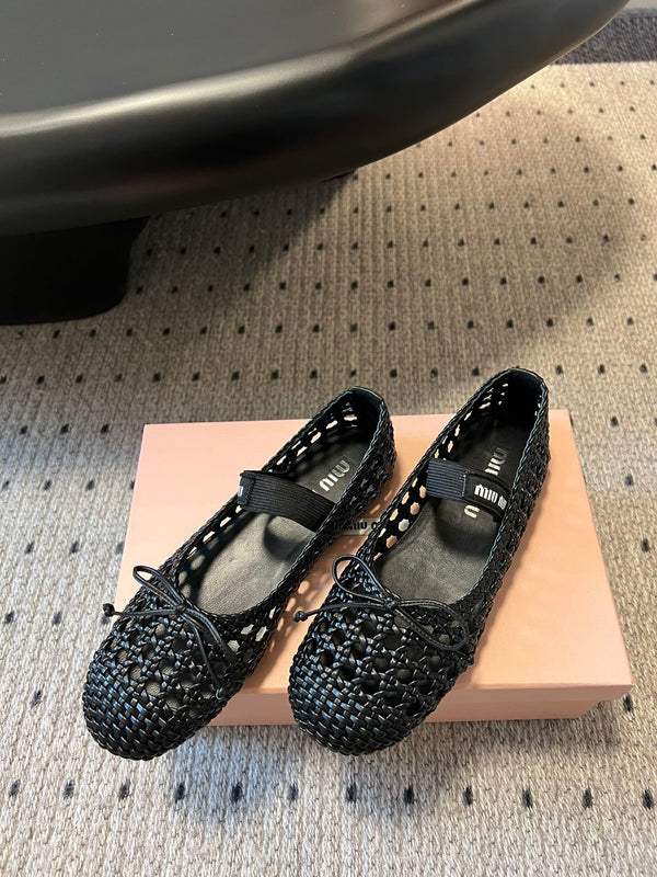 Miu 26s Ballerina Flats In Black Mesh Sheepskin