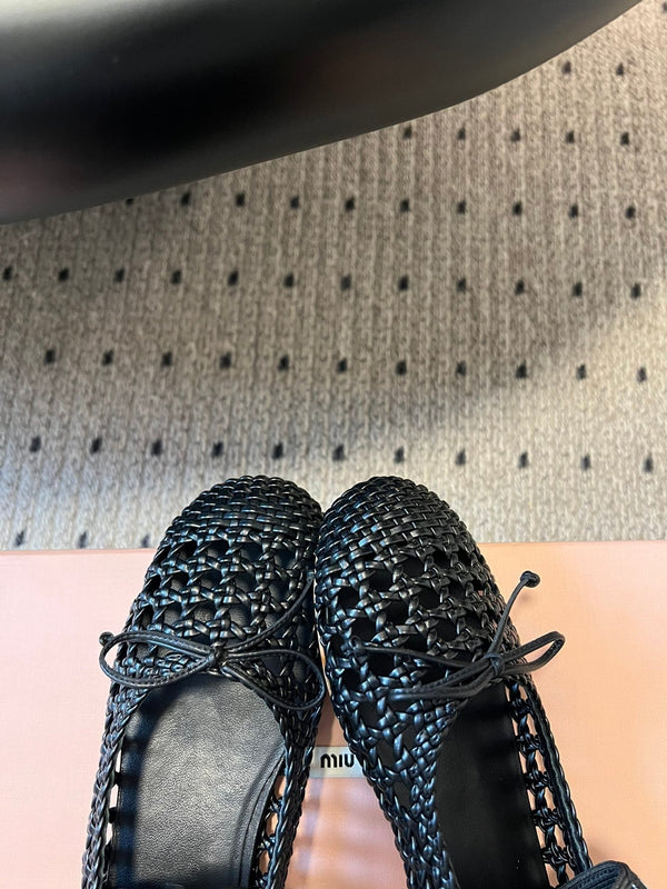 Miu 26s Ballerina Flats In Black Mesh Sheepskin