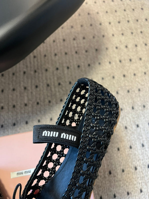 Miu 26s Ballerina Flats In Black Mesh Sheepskin