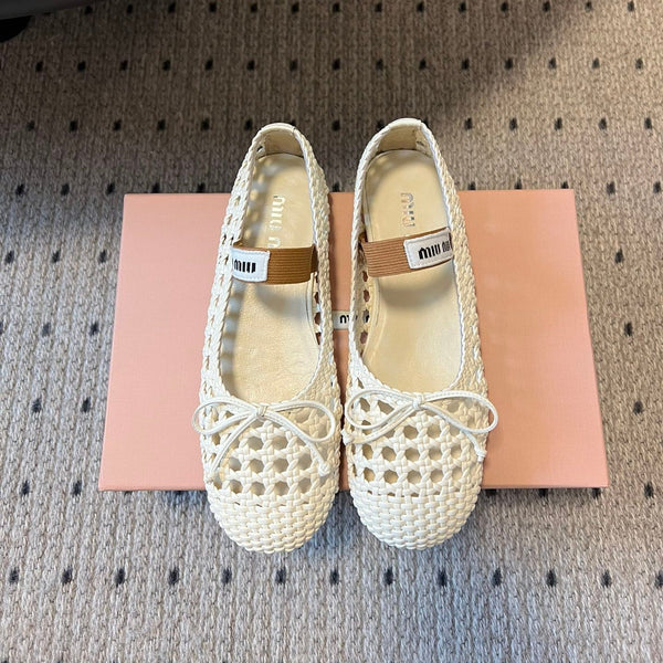 Miu 26s Ballerina Flats In Cream White Mesh Sheepskin