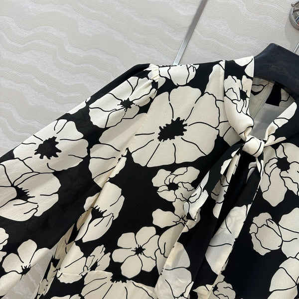 Abito a fiori Celine in misto seta bianca e nera