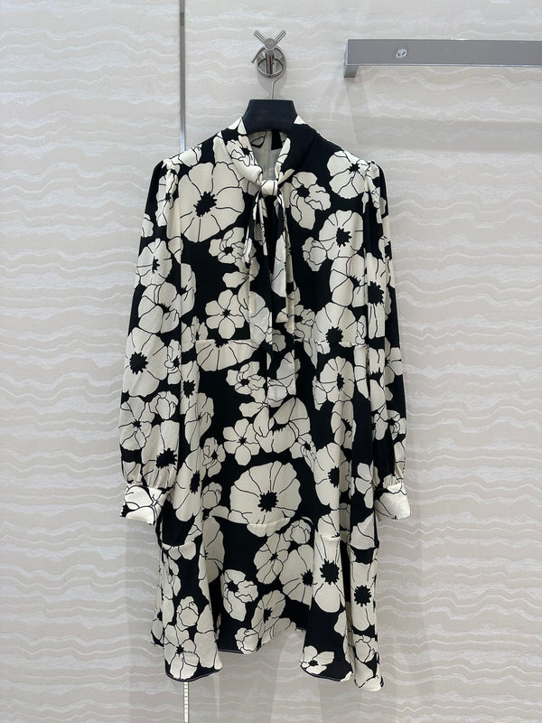 Abito a fiori Celine in misto seta bianca e nera