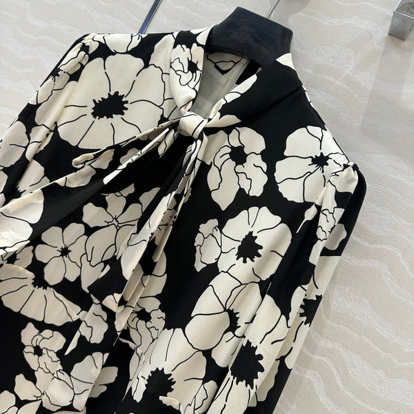 Abito a fiori Celine in misto seta bianca e nera