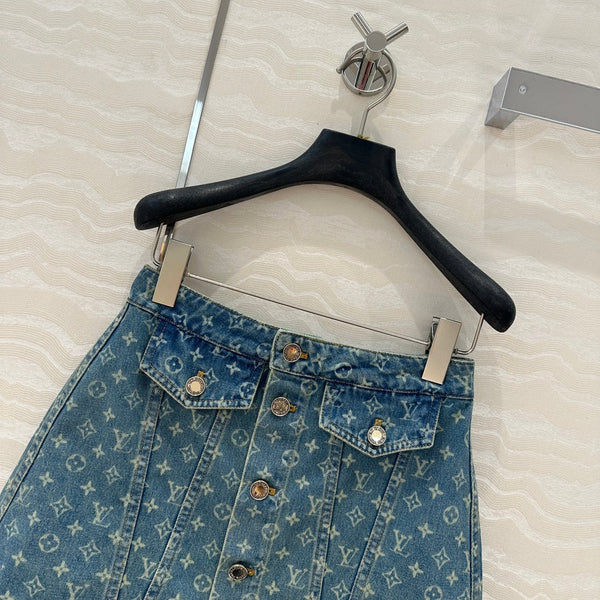 LV Bear Border Denim Skirt Blue Cotton