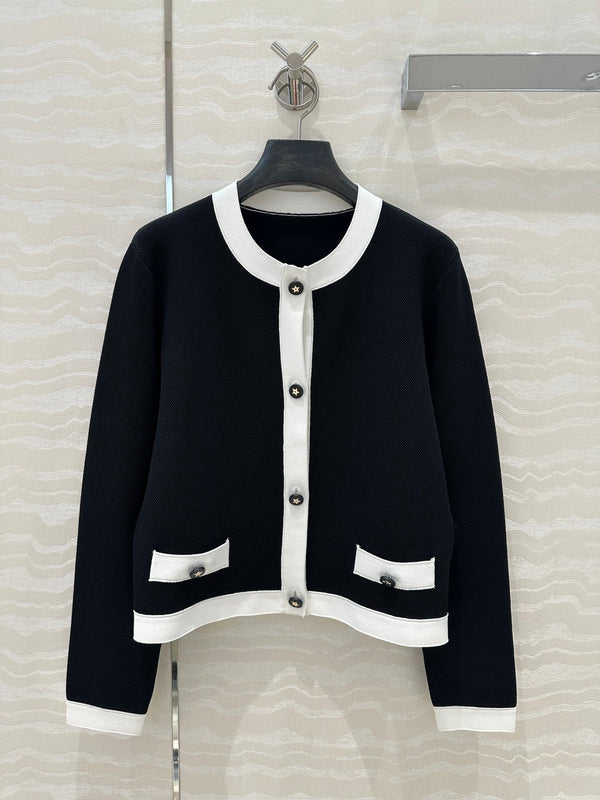 CD Round Neck Cardigan Jacket Black Wool Cotton