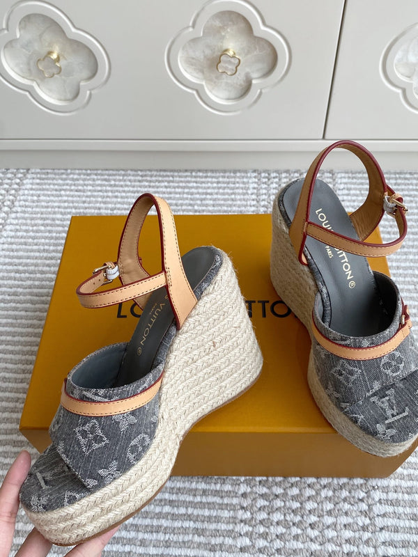 LV Grey Denim Monogram Wedge Sandals 11.5cm Grey Sheepskin Lining 291578